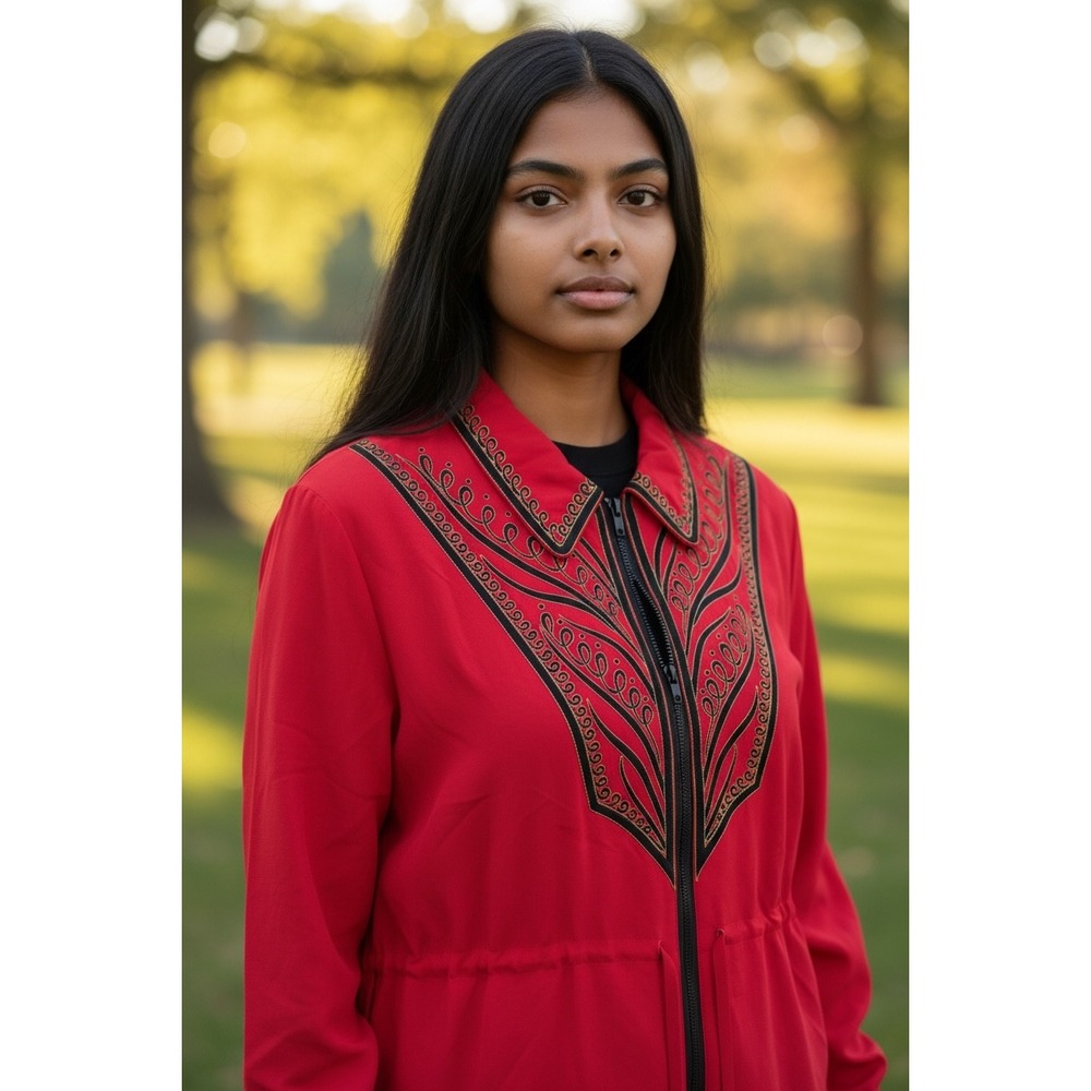 Bob Mackie Wearable Art Red Silk Embroidered Zip Up Jacket Womens Large NEW